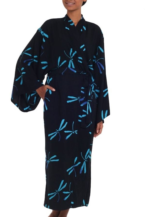 Alternate image for Handcrafted Black Batik Robe with Dragonflies from Bali Night Dragonflies