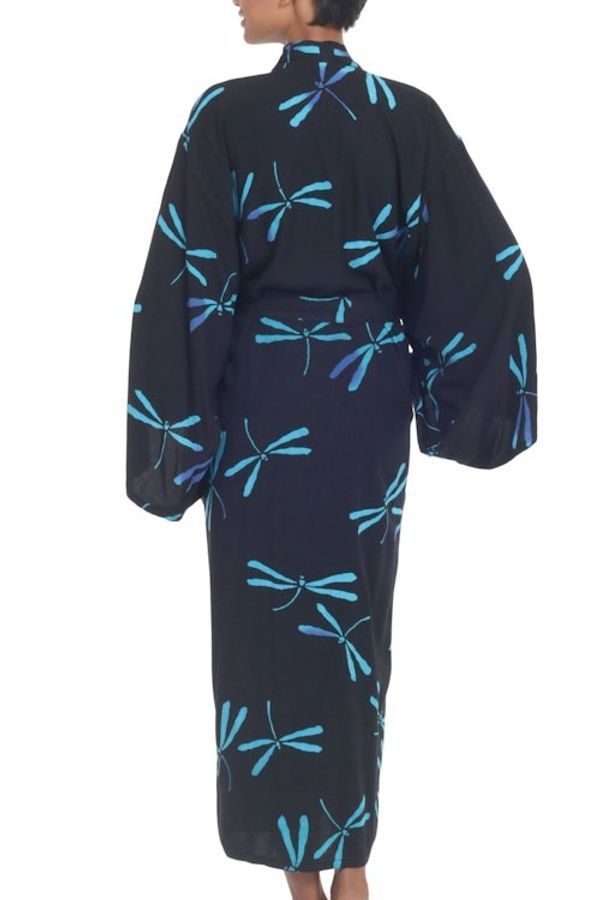 Alternate image for Handcrafted Black Batik Robe with Dragonflies from Bali Night Dragonflies