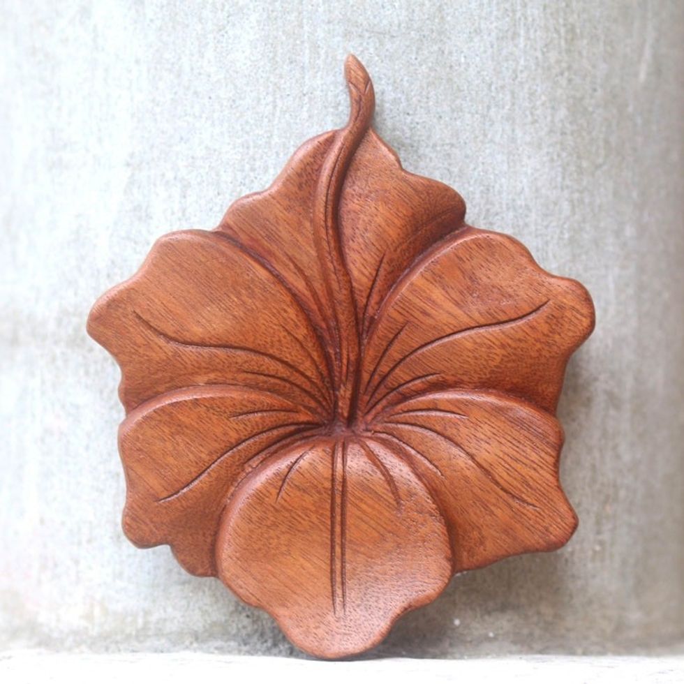 Balinese Hand Carved Hibiscus Flower Wood Relief Panel 'Single Hibiscus'