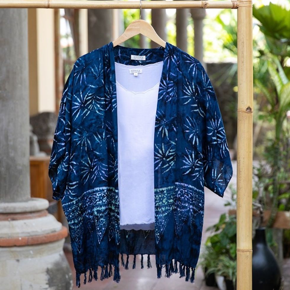 Leaf Motif Batik Rayon Kimono Jacket in Blue from Bali 'Denpasar Lady in Blue'