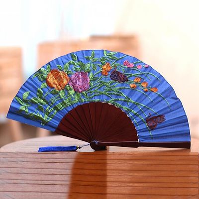 Alternate image for Floral Embroidered Silk Hand Fan in Caribbean Blue from Bali Magnificent Bouquet