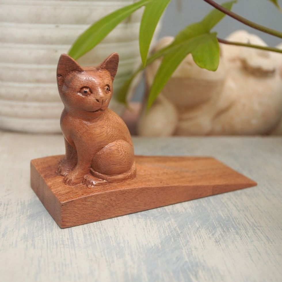 Handcrafted Suar Wood Cat Doorstop in Brown from Bali 'Helpful Kitten in Brown'