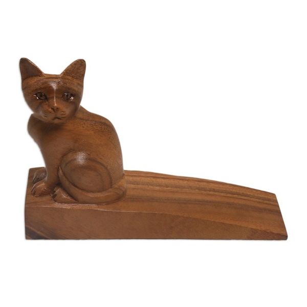 Alternate image for Handcrafted Suar Wood Cat Doorstop in Brown from Bali Helpful Kitten in Brown