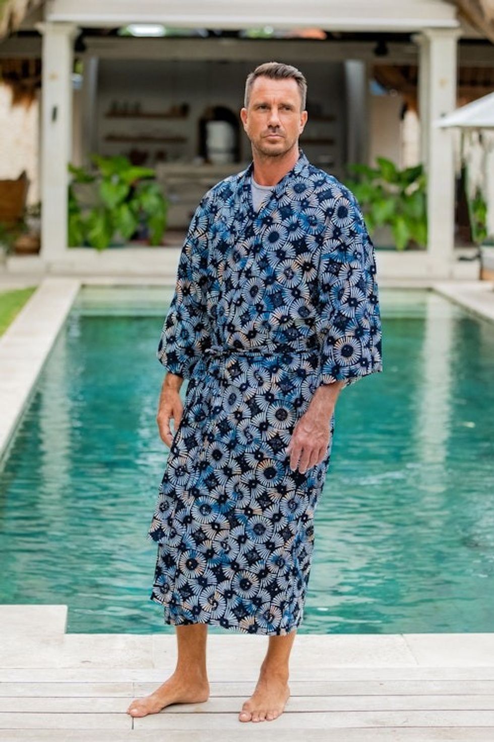 Men's Batik Cotton Robe 'Midnight Fireworks'