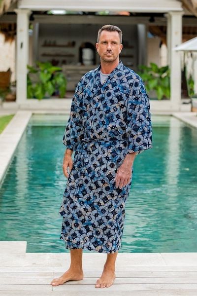 Alternate image for Mens Batik Cotton Robe Midnight Fireworks