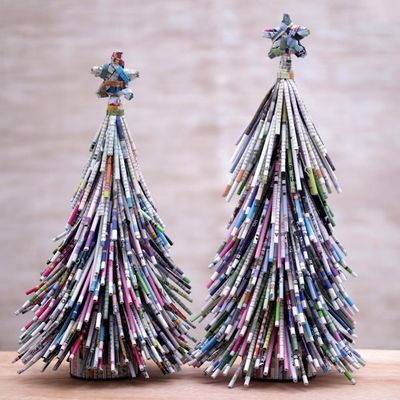 Alternate image for Handmade Recycled Paper Christmas Tree Figurines Pair News Tree