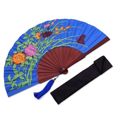 Alternate image for Floral Embroidered Silk Hand Fan in Caribbean Blue from Bali Magnificent Bouquet