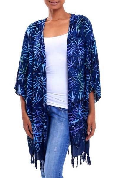 Alternate image for Leaf Motif Batik Rayon Kimono Jacket in Blue from Bali Denpasar Lady in Blue