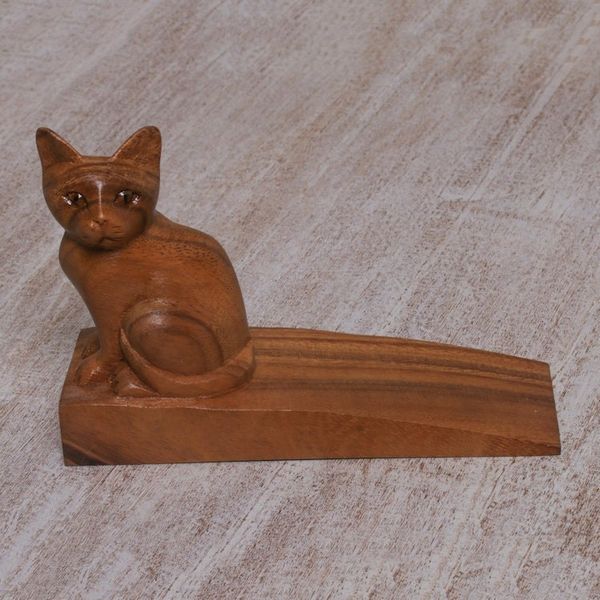 Alternate image for Handcrafted Suar Wood Cat Doorstop in Brown from Bali Helpful Kitten in Brown