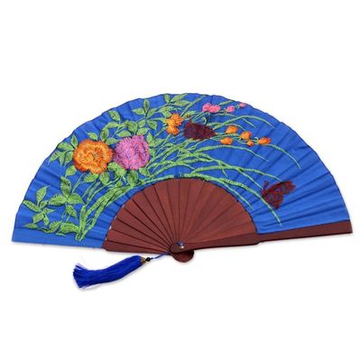 Alternate image for Floral Embroidered Silk Hand Fan in Caribbean Blue from Bali Magnificent Bouquet