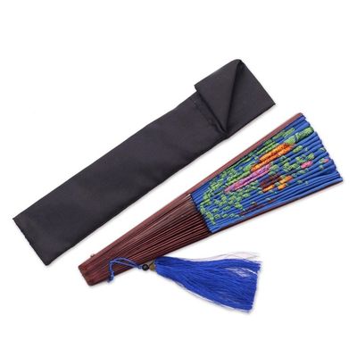 Alternate image for Floral Embroidered Silk Hand Fan in Caribbean Blue from Bali Magnificent Bouquet