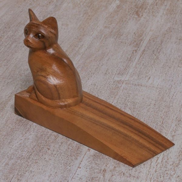 Alternate image for Handcrafted Suar Wood Cat Doorstop in Brown from Bali Helpful Kitten in Brown