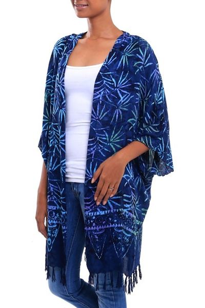 Alternate image for Leaf Motif Batik Rayon Kimono Jacket in Blue from Bali Denpasar Lady in Blue