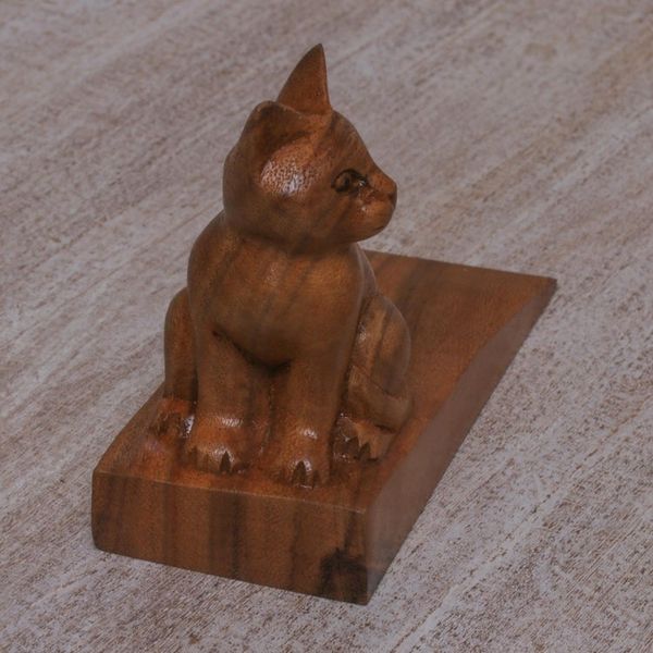 Alternate image for Handcrafted Suar Wood Cat Doorstop in Brown from Bali Helpful Kitten in Brown