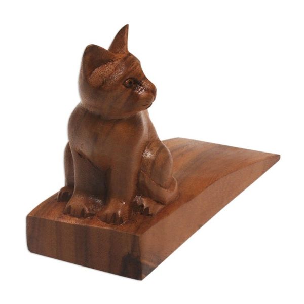 Alternate image for Handcrafted Suar Wood Cat Doorstop in Brown from Bali Helpful Kitten in Brown
