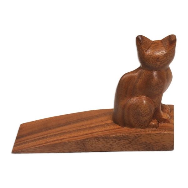 Alternate image for Handcrafted Suar Wood Cat Doorstop in Brown from Bali Helpful Kitten in Brown