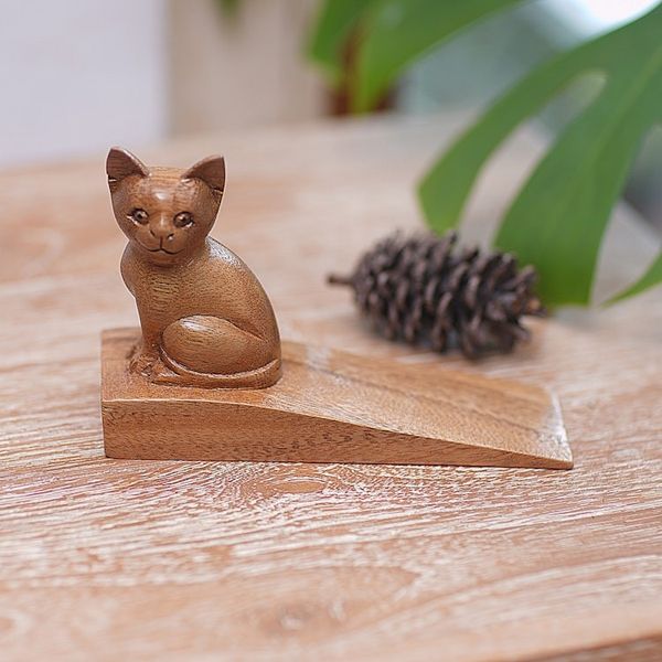 Alternate image for Handcrafted Suar Wood Cat Doorstop in Brown from Bali Helpful Kitten in Brown