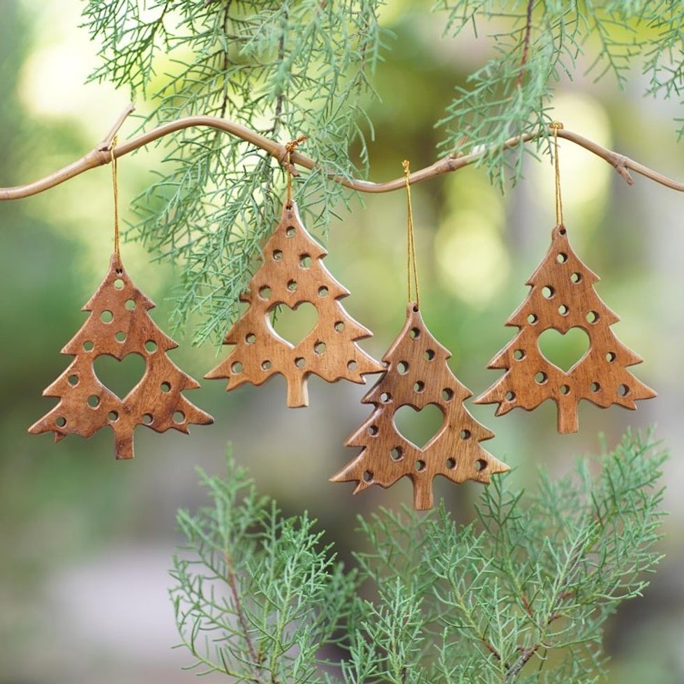 Suar Wood Christmas Ornaments With Hearts Bali Set of 4 'Tree of Love'