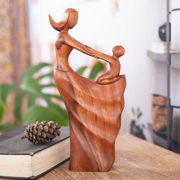 Alternate image for Semi-Abstract Brown Suar Wood Sculpture of Mother and Child Motherly Affection