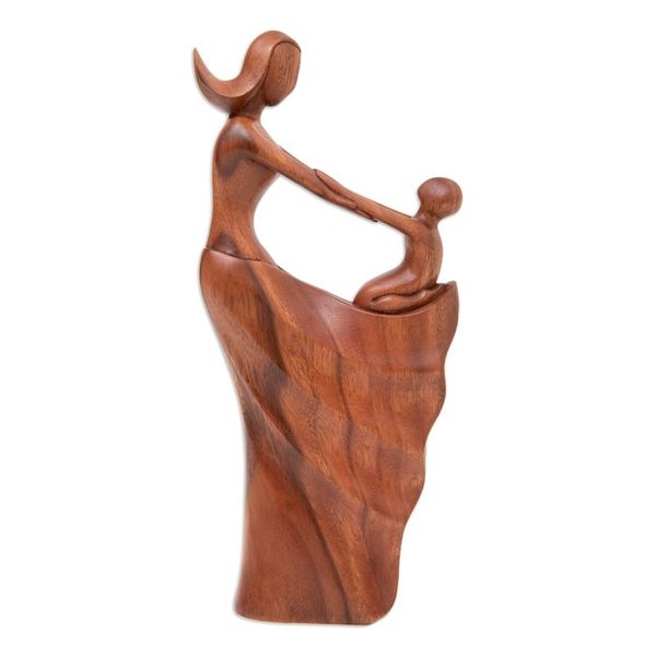Alternate image for Semi-Abstract Brown Suar Wood Sculpture of Mother and Child Motherly Affection