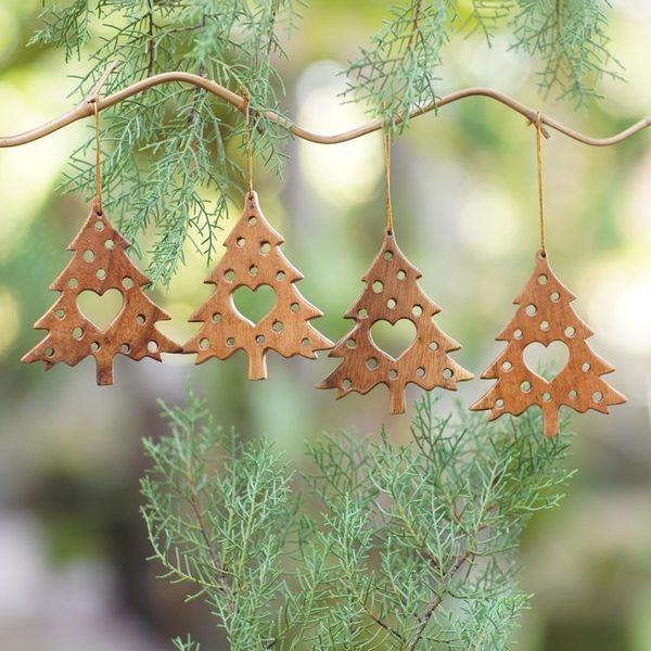 Alternate image for Suar Wood Christmas Ornaments With Hearts Bali Set of 4 Tree of Love