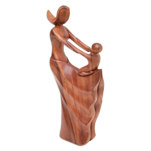 Alternate image for Semi-Abstract Brown Suar Wood Sculpture of Mother and Child Motherly Affection