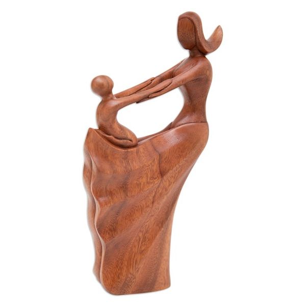 Alternate image for Semi-Abstract Brown Suar Wood Sculpture of Mother and Child Motherly Affection