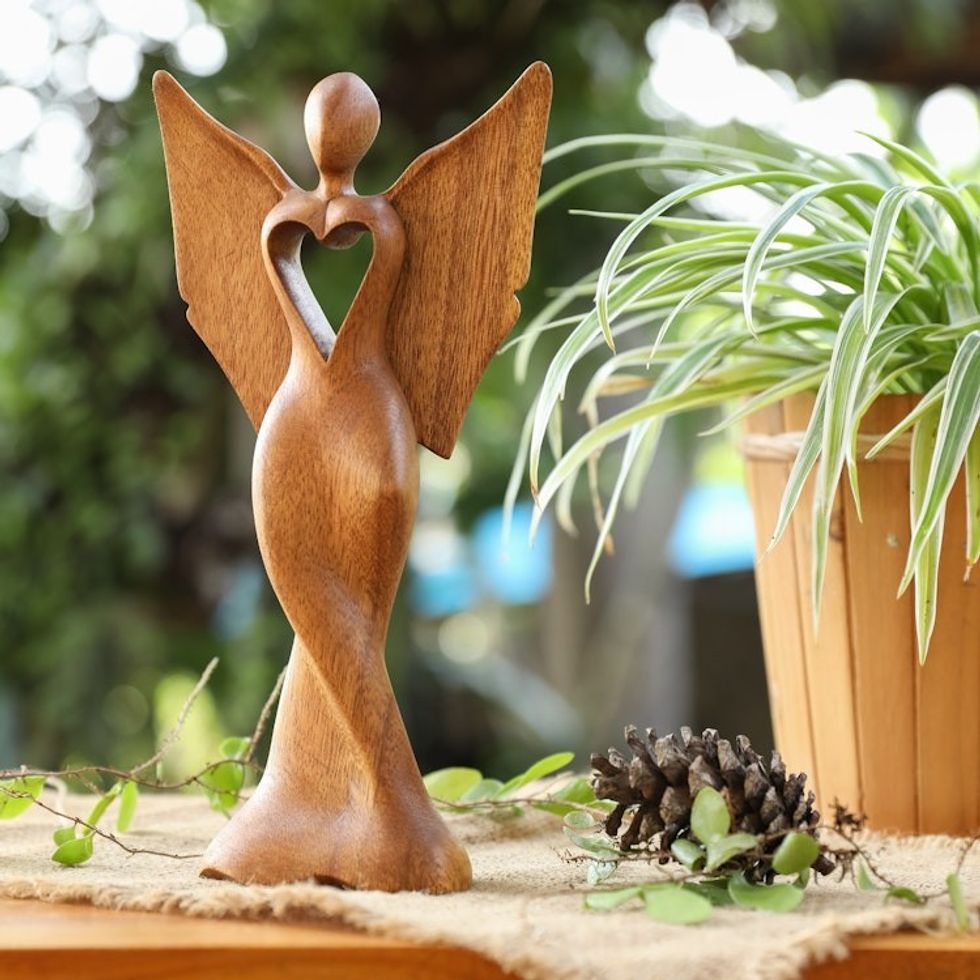 Hand-Carved Semi-Abstract Suar Wood Sculpture of an Angel 'Celestial Protection'