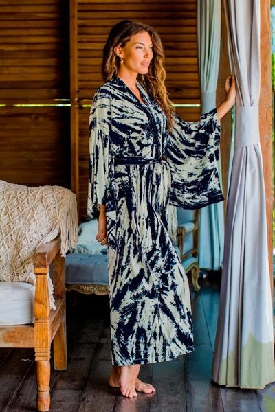 Alternate image for Womens Kimono Style Tie-dye Robe on Blue and Cream High Energy
