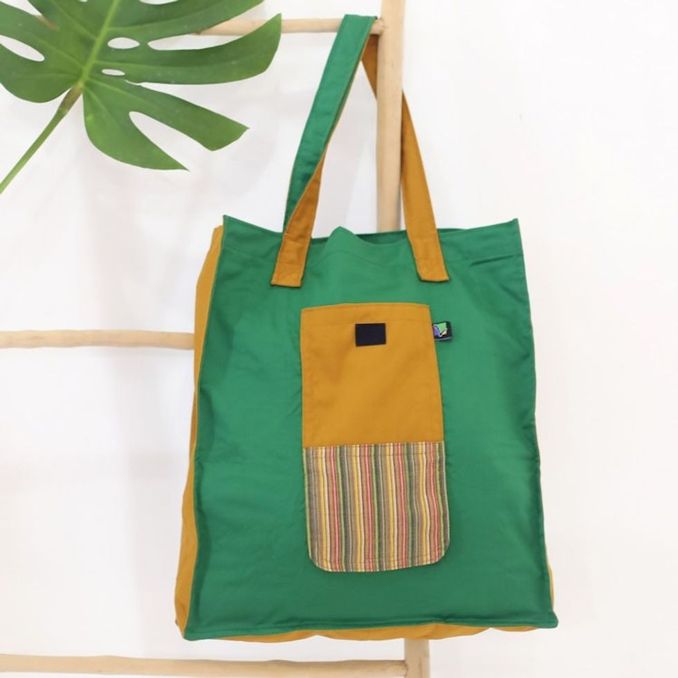 Green Foldable Cotton Tote Bag with Javanese Lurik Pattern 'Green Gejayan'