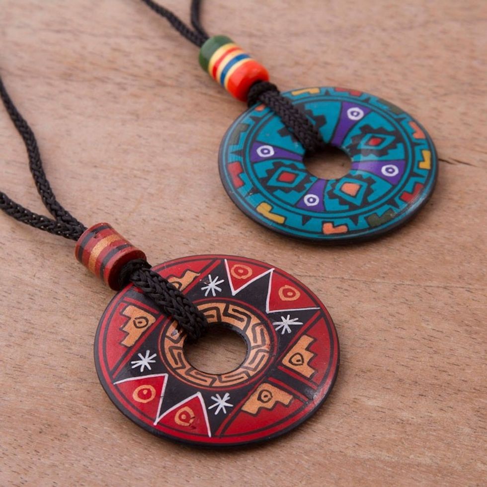 Pair of Red and Blue Ceramic Pendant Necklaces from Peru 'Sun and Rain'