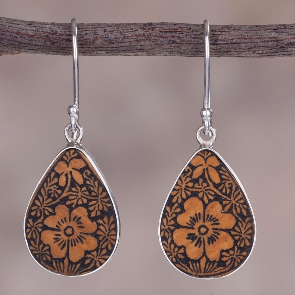 Floral Sterling Silver and Pumpkin Shell Earrings from Peru 'Margarita Garden'