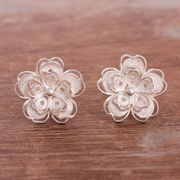 Alternate image for Floral Sterling Silver Filigree Button Earrings from Peru Intricate Flowers