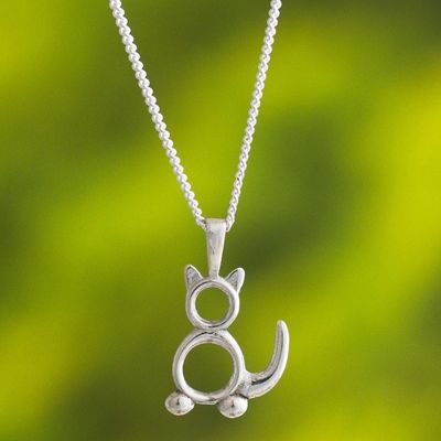 Alternate image for Sterling Silver Minimalist Cat Pendant Necklace from Peru Geometric Cat