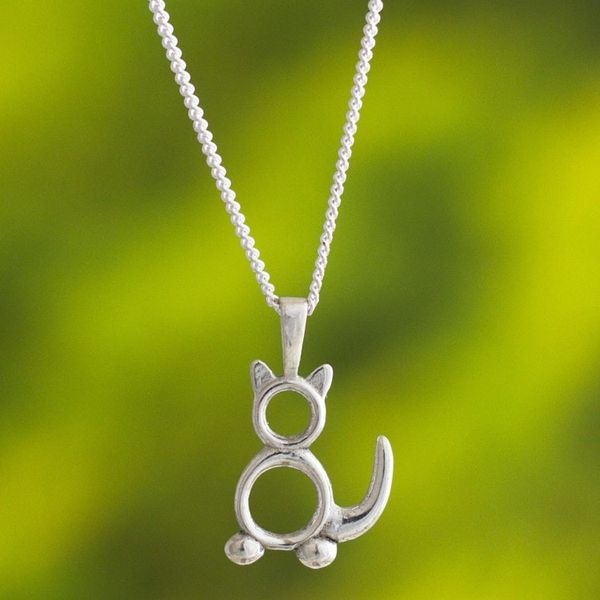 Alternate image for Sterling Silver Minimalist Cat Pendant Necklace from Peru Geometric Cat