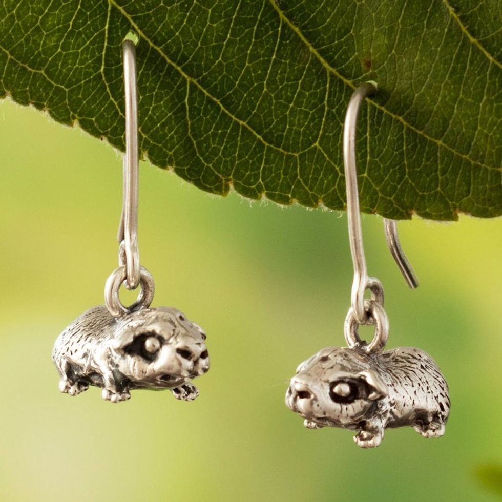 Silversmith Crafted Dangle Earrings in Peruvian 950 Silver 'Guinea Pigs in Flight'