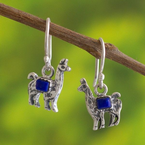 Alternate image for Peruvian Silver and Lapis Lazuli Llama Dangle Earrings Andean Llama in Blue