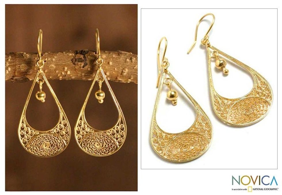 Peruvian 21K Gold Plated Filigree Dangle Earrings 'Teardrop'