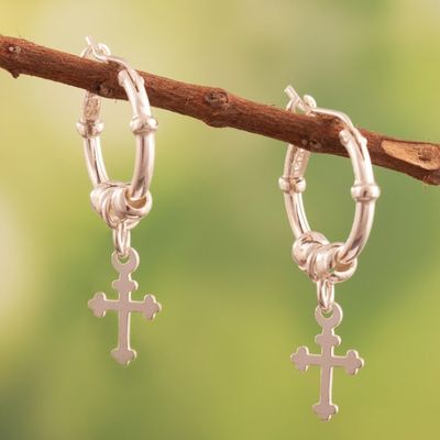 Alternate image for Polished Sterling Silver Hoop Earrings with Dangling Crosses Holy Crosses