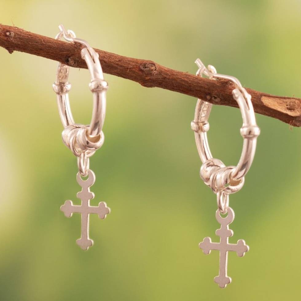 Polished Sterling Silver Hoop Earrings with Dangling Crosses 'Holy Crosses'