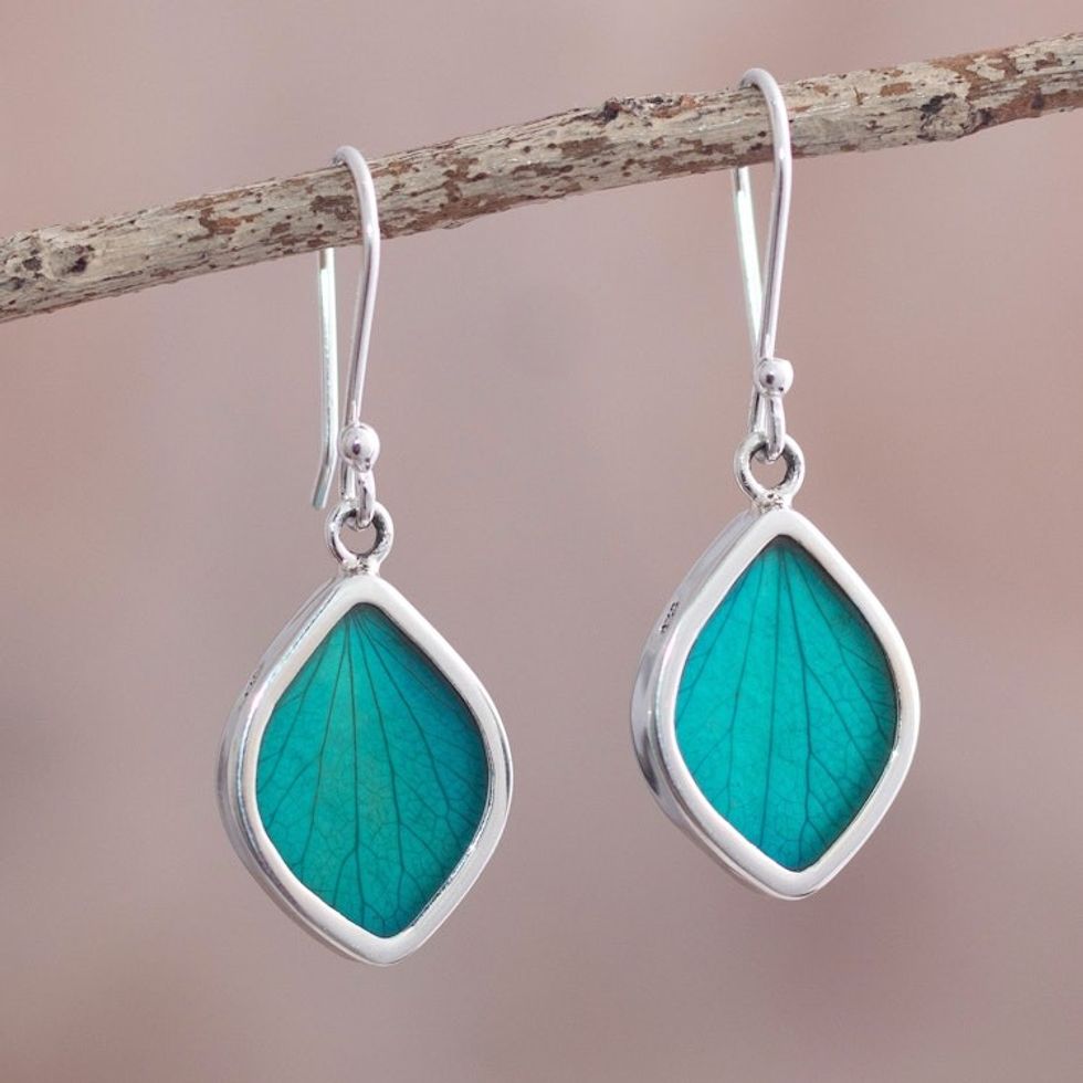 Aqua Hydrangea Leaf Earrings 'Nature's Gem in Aqua'