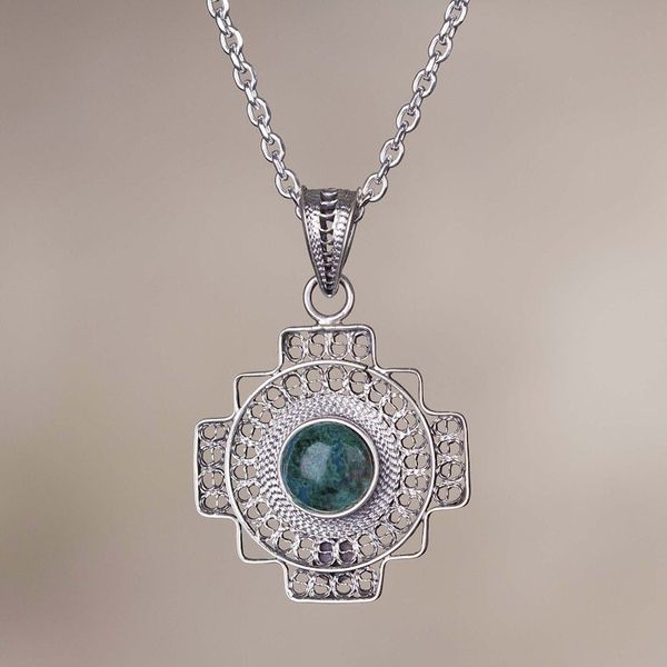Alternate image for Chrysocolla Chakana Cross Filigree Necklace from Peru Green Valley Chakana