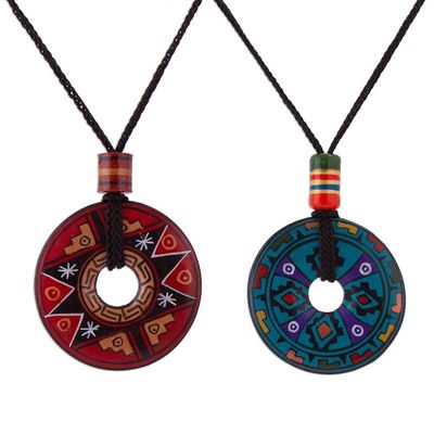 Alternate image for Pair of Red and Blue Ceramic Pendant Necklaces from Peru Sun and Rain