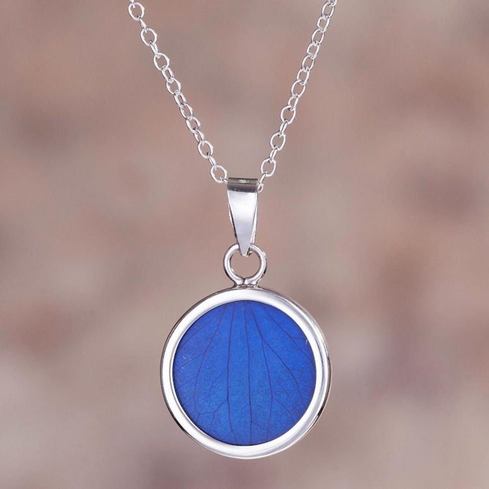 Sterling Silver and Natural Leaf Necklace in Blue from Peru 'Blue Eden'