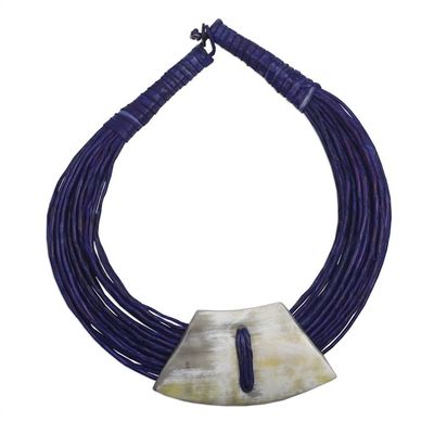 Alternate image for Ghanaian Dark Blue Leather and Bone Statement Cord Necklace Sunooga