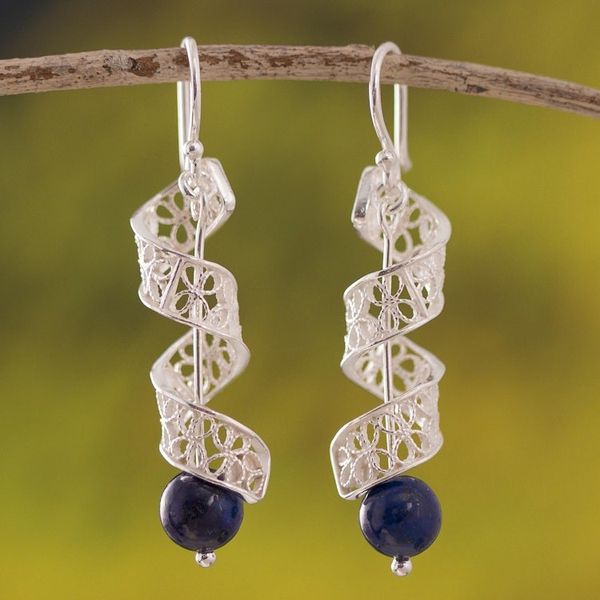 Alternate image for Spiral Lapis Lazuli Filigree Dangle Earrings from Peru Spiral Dance
