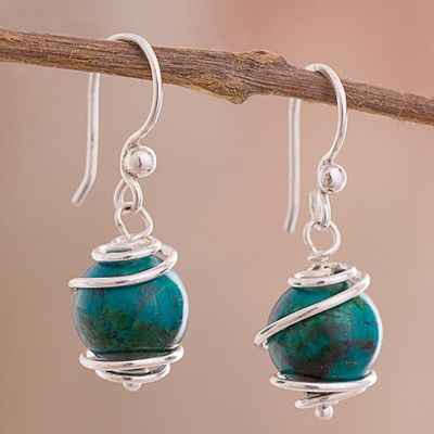 Alternate image for Spiral Motif Chrysocolla Dangle Earrings from Peru Planetary Spirals