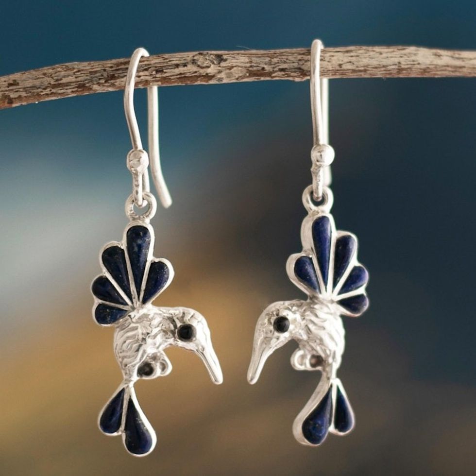 Lapis Lazuli and Onyx Hummingbird Dangle Earrings from Peru 'Azure Hummingbirds'