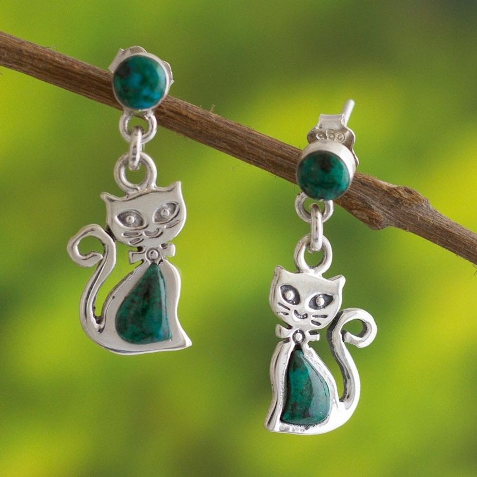 Green Chrysocolla and Silver Cat Dangle Earrings 'Andean Cat in Green'