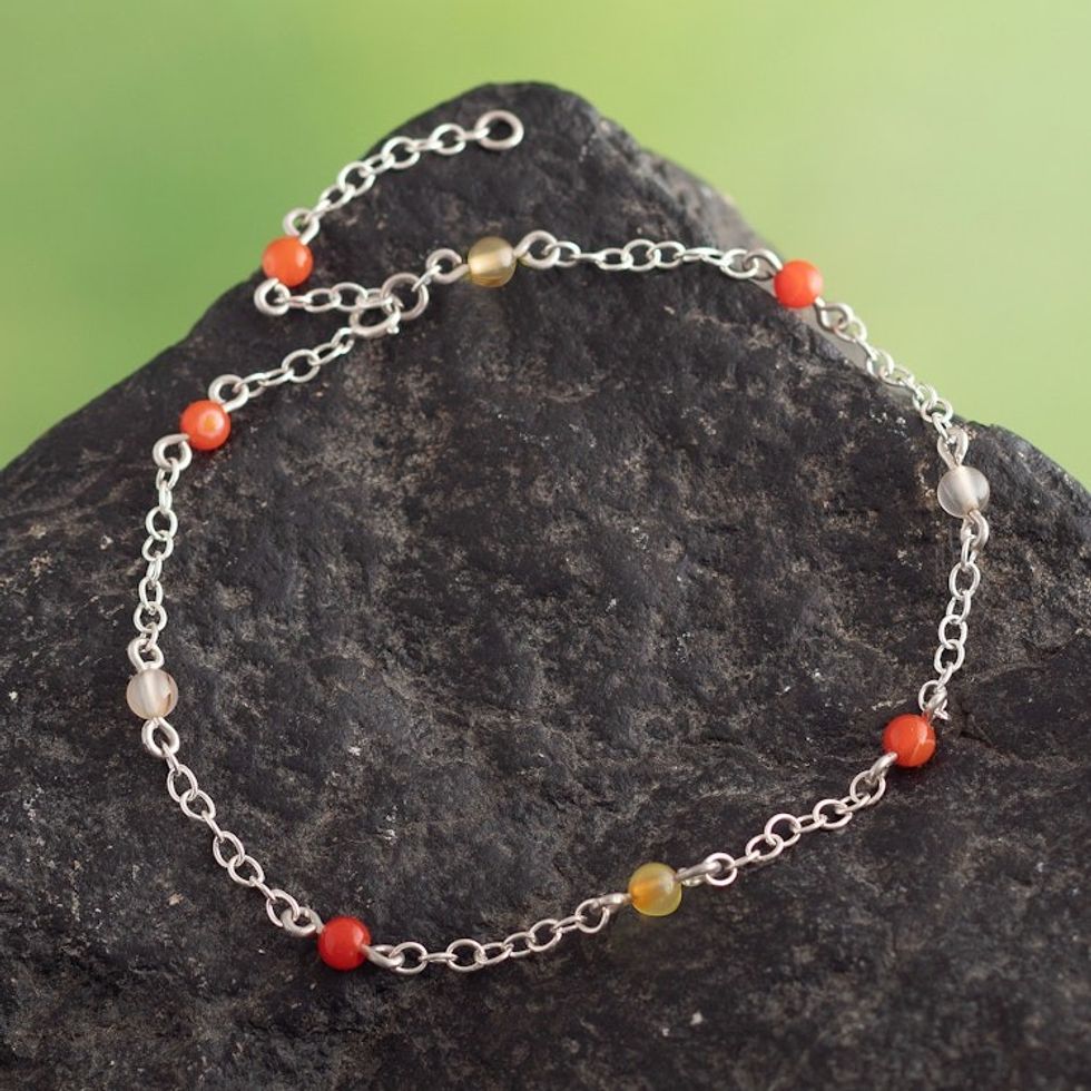 Sterling Silver Station Anklet with Agate Stone from Peru 'Summer Splendor'